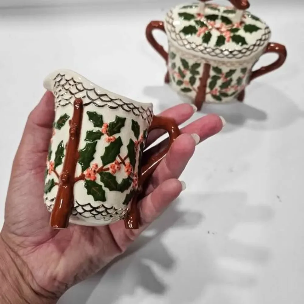 Christmas Holly Creamer and Sugar Bowl Set